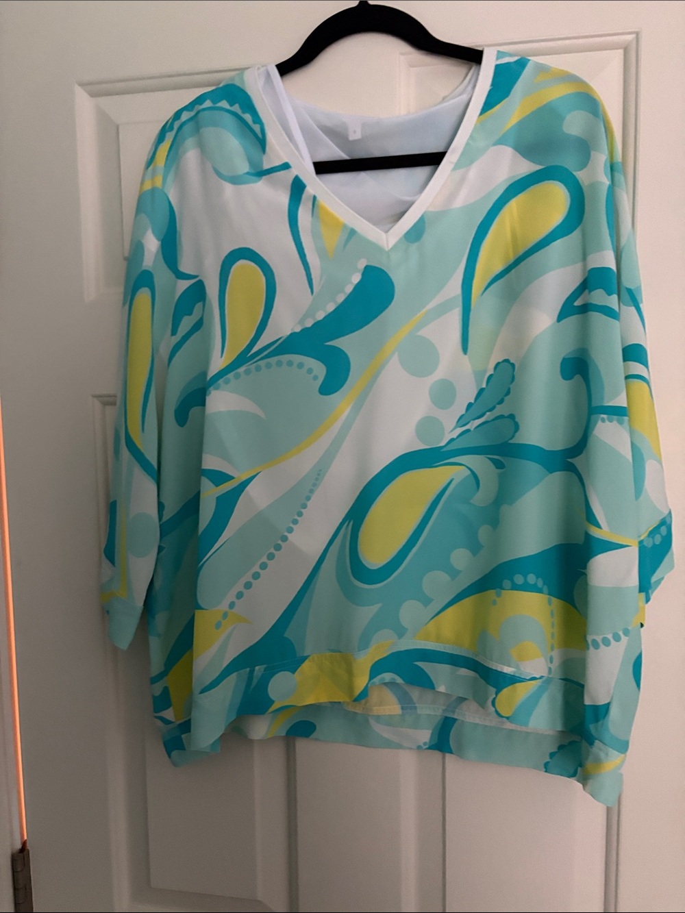 Tyler Boe Aqua & Yellow Abstract V-Neck Blouse